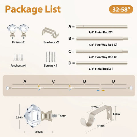 Package components of Adjustable Curtain Rod Set For Windows 20 To 53 Inches And Telescoping 32 To 58 Inch Splice Rod