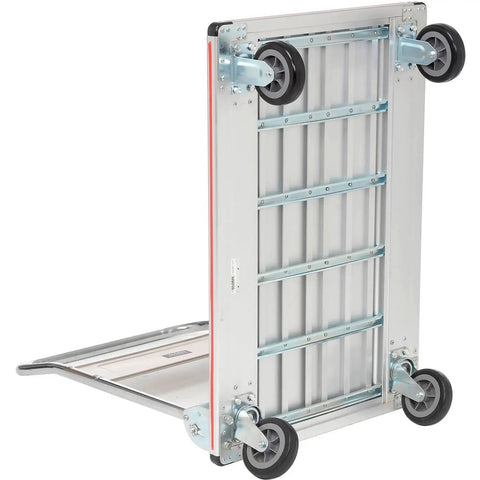 Roll Slick And Maneuver Easy Ultra Lightweight Aluminum Folding Platform Cart Features Quiet Rubber Casters With Cross Brace Handle And Vinyl Bumpers Built Solid For Warehouse Hauls