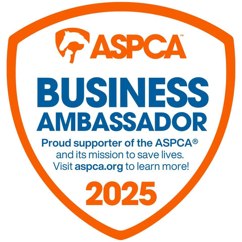 ASPCA Business Ambassador badge logo on orange shield with blue text and 2025.