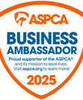 ASPCA Business Ambassador badge 2025 with ASPCA logo and support mission text in orange and blue colors