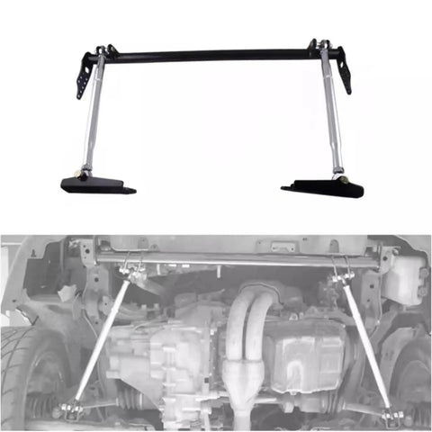 Heavy Duty Rear Traction Control Rod Assembly And Chassis Brace Kit Featuring Carbon Steel Build, view from front, in vehicle installation.