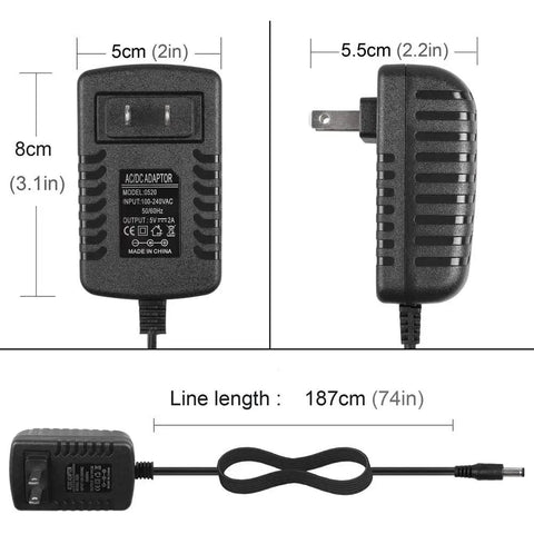 5V 2A Power Supply Charger With 8 Interchangeable Tips For TV Boxes, LED Strips, Tablets, Cameras, Webcams, Speakers, Routers And More; 6 Foot Cable, Worldwide 100 240V AC Adapter, 10W Output. Black AC/DC adapter, 5cm x 8cm, 187cm cord