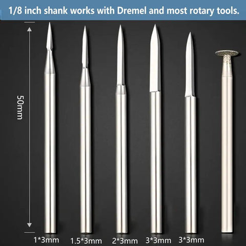 Top Shelf Wood Carving Drill Bits Set For Dremel Rotary Tool With 3Mm Shank showing six precision cutting bits on black background.