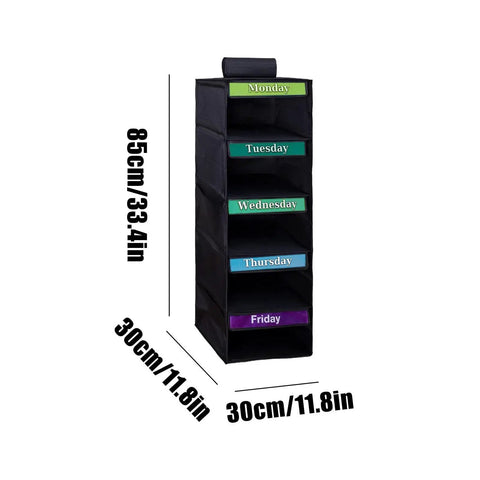 Kids Five Shelf Hanging Closet Organizer With Weekday Dividers, 85cm tall, black, fabric, for easy school outfit organization.