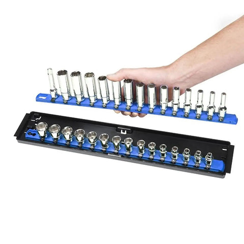 19 Inch Socket Organizer With Twist Lock Rails For Half Inch Drive Sockets Blue Heavy Duty Tool Storage Rack Made In Usa Badass Grid Design Keeps Your Sockets Snug And Locked Tight
