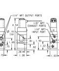 Technical drawing of BAV050SA Heavy Duty 4 Way 2 Position Solenoid Air Valve with labeled NPT ports and dimensions for pneumatic systems.