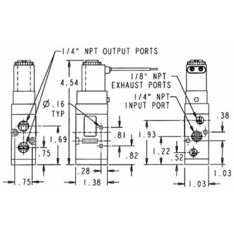 Technical drawing of BAV050SA Heavy Duty 4 Way 2 Position Solenoid Air Valve with labeled NPT ports and dimensions for pneumatic systems.