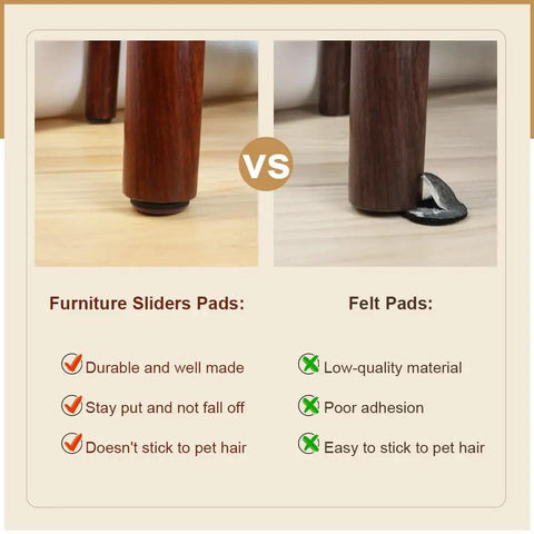 Comparison of Furniture Sliders With Screws, 20 Pack Teflon Glides For Carpet, Tile And Hardwood Floors vs. felt pads on wood floor