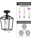 Dope Clear Glass Industrial Vintage Semi Flush Mount Ceiling Light With Lantern Cage Shade In Black Finish, dimensions shown