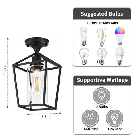 Dope Clear Glass Industrial Vintage Semi Flush Mount Ceiling Light With Lantern Cage Shade In Black Finish, dimensions shown