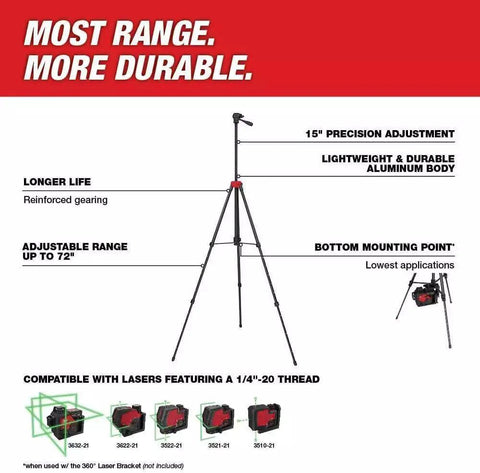 Straight Up Heavy Duty Adjustable Aluminum Laser Level Tripod Stand With Smooth Pan And Tilt Head Extends From 28 To 72 Inches features precision adjustment and durable aluminum body.