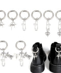 Fresh Safety Pin Shoe Charms With Sturdy Spring Clips And Alloy Badges featuring star heart rabbit designs on black boots.