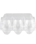 Clear reusable plastic egg carton for six eggs, stackable with lid, part of 50 pack for easy egg collecting and farm fresh egg storage.