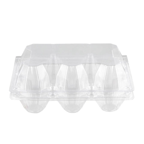 Clear reusable plastic egg carton for six eggs, stackable with lid, part of 50 pack for easy egg collecting and farm fresh egg storage.