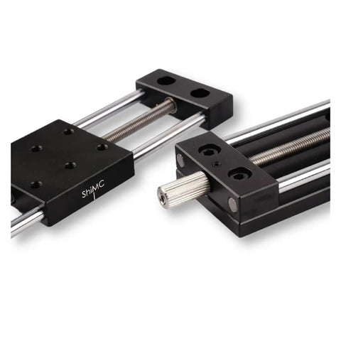 Close-up of a Go-To Manual Linear Stage Sliding Table With Micrometer Adjustment Platform And Aluminum Guide Rails.