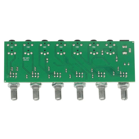 Back view of Six Channel Stereo Mixer Audio Distributor With Independent Volume Control For Your Home Studio Setup circuitry.