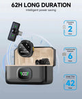 Two Pack Wireless Lavalier Microphone Set For iPhone 15 And Android USB C With Adapter Included showcasing charging details