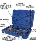 Open 40-piece steel fractional tap and die set with precision formed threads, heat treated and tempered, for garages and pro shops.