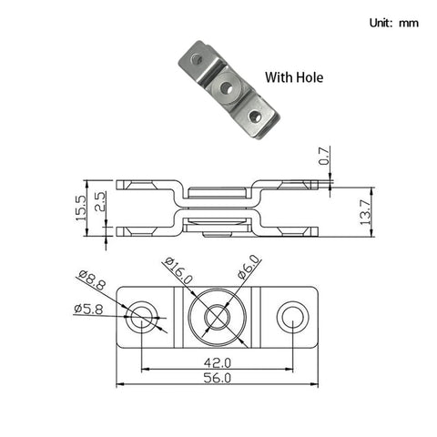 Front view of 304 stainless steel torque hinge with mounting hole, 360° rotation, 2.0 N·m torque