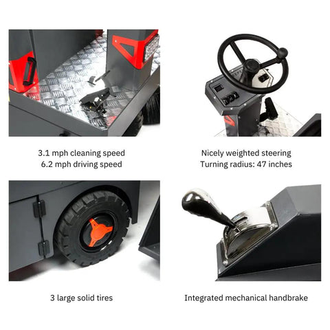 Close-up of Badass 49 Inch Ride On Industrial Floor Sweeper Machine With 26 Gallon Hopper and Water Dust Control Tank controls and steering.