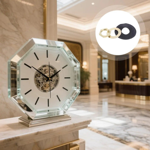 Quartz Clock Washer Kit For DIY Wall Clocks With 30 Sets Includes Nuts Rubber Washers And Fittings displayed in a luxurious lobby