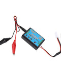 Portable 20W RC Battery Balance Charger With Built In Safety Guards, black and blue design with visible cables for LiPo batteries.