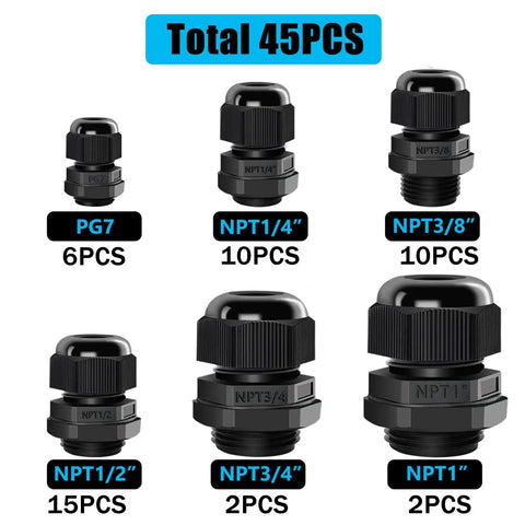 45 Piece Cord Grip Cable Glands Kit Waterproof Adjustable NPT Glands with PG7 PA66 Nylon Strain Relief Connectors and Gaskets