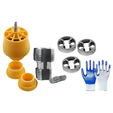 PVC Pipe Threader Kit With Three Die Sizes For Flexible Plumbing Projects, Electric Drill Compatible Threading Tool Set For Quick Install, Stable, Efficient, And Pro Grade For Pros And DIY; 3 dies and gloves