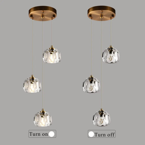 Modern Raindrop Pendant Lights Set Of 3, Brass Round Hanging Lamps With Clear Crystal Prisms, turned on and off display