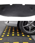 Heavy Duty Rubber Speed Bump Hump End Cap 200X600X50Mm Black Finish With Full Hardware Kit For Driveway And Parking Lot Traffic Calming Solutions That Look Cool And Work Wicked, black rubber end cap installed on speed bump