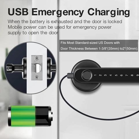 Fingerprint Smart Door Lock With Keypad Handle For Home Office Front Door And Apartment Keyless Entry No Keys Needed Supports 50 Fingerprints Fast Under One Second Unlock High Ninety Nine Percent Recognition Easy Install shown with USB charging option