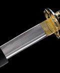 Close-up of Three Piece Iaido Katana Display Set With Bamboo Leaf Hilt And Gold Accents Dope Silk Wrapped Grips Premium 1045 Carbon Steel Blade