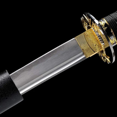 Close-up of Three Piece Iaido Katana Display Set With Bamboo Leaf Hilt And Gold Accents Dope Silk Wrapped Grips Premium 1045 Carbon Steel Blade