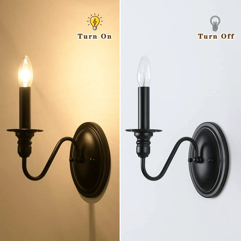 Black Wall Sconces Set Of Two Modern Farmhouse Candle Wall Lamps, turned on and off, with matte finish, for various spaces.