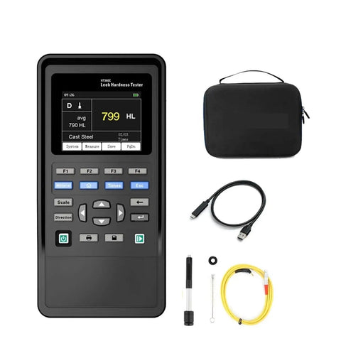 Dead On Digital Leeb Hardness Tester For Stainless Steel And Copper Alloys Measures Seven Industrial Hardness Scales With Multi Directional Impact Design And No Nonsense Build Quality For Shop Floor Pros with display and accessories.