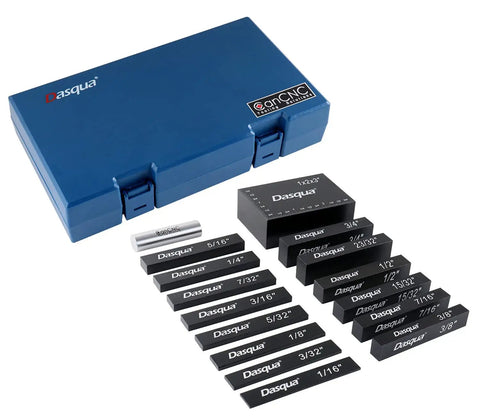 Fifteen Piece Inch Precision Setup Blocks Set From One Sixteenth To Three Quarters Inch Aluminum Black Anodized Pro Grade With One Two Three Block shown with blue case