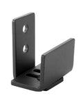 Black wall mount slotted swing stop hardware for full extension telescopic drawer slides with hydraulic dampers, side view angle