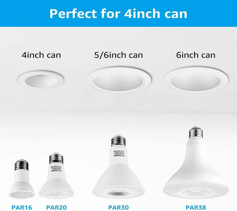 Comparison of PAR16, PAR20, PAR30, and PAR38 bulb sizes beneath 4, 5/6, and 6-inch can lights. Par16 LED Track Lighting Bulbs 6 Pack Dimmable 500 Lumen 40 Degree Beam Damp Rated Warm White 3000K E26 Base Energy Saving Spotlight Replacement Ideal For Track Lighting And Accent Tasks.