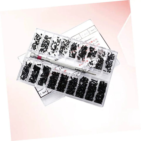 Two Piece Miniature Screw Set With 18 Different Sizes Flat Head And Round Head Tiny Screws For Glasses And Crafts Grab And Go Portable Storage Case For Diyers Lightweight Quick Access Kit displayed in open transparent case.