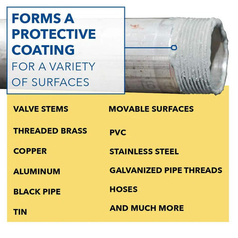 Image showing a threaded pipe with text detailing surfaces compatible with JC 30 Thread Sealant For Extreme Temps And High Pressure Pipes And Valves