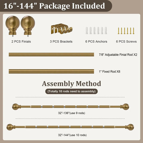 Brass Finish Curtain Rod Set In Warm Gold Tone, Heavy Duty Adjustable 72 To 144 Inch, showing finials, brackets, and rods