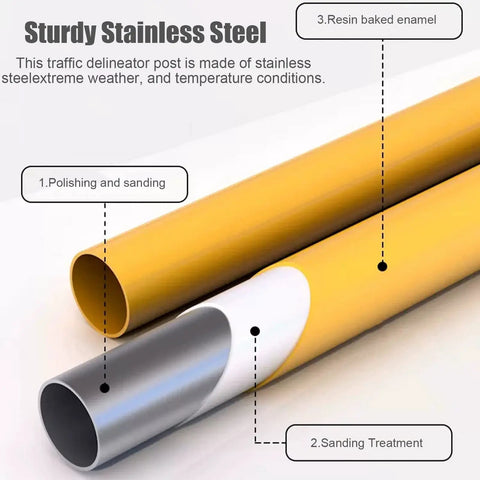 High Visibility 75cm Safety Cones 4 Pack With Delineator Posts For Parking Lots And Industrial Traffic Control Floor Mounted Driveway Barrier Tough Durable Steel Bollard Poles Quick Setup For Safe Guidance, yellow steel bollard finish