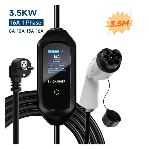 Rugged Portable 3.5KW EV Charger Type 1 To Type 2 Electric Vehicle Fast Charge Cable 16 Amp SAE J1772 with display and connector