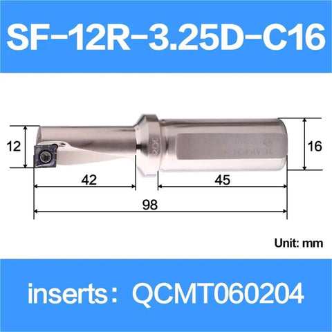 Single-edge U-drill with replaceable insert, SF-12R-3.25D-C16, 2.25/2.5/3.25D sizes, QCMT060204 insert