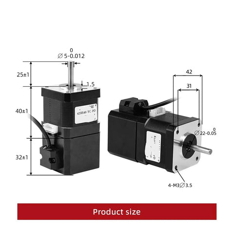 Front and side views of two WPTGODGB 42HS40‑YC‑PD 12V 4‑lead NEMA17 permanent magnet brake stepper motors with shafts