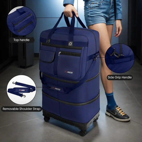36 Inch Rolling Duffel Bag With Wheels, Expandable Three Layer Design, Hardshell Base For Extra Protection, shown with top handle, side grip handle and removable shoulder strap, in navy.