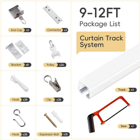 Ceiling Curtain Track With Roller Hooks And Clips White 9ft To 12ft Premium Aluminum Rail Rustproof Electrocoat Tarnish Resistant Finish No Fuss Easy Glide Curtain System For Bathrooms Patios And Living Spaces package contents