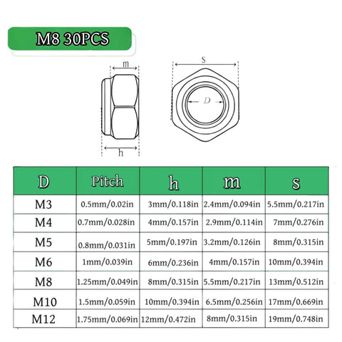 Diagram of M8 Nylon Insert Lock Nuts 304 Stainless Steel Self Locking Hex Nuts with size and pitch table