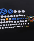 64 Kinds Plastic Gears, Pulleys, And Belts Kit For Robot Motors displayed on black background