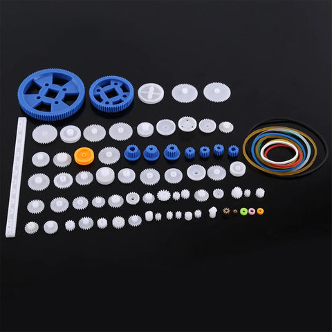 64 Kinds Plastic Gears, Pulleys, And Belts Kit For Robot Motors displayed on black background